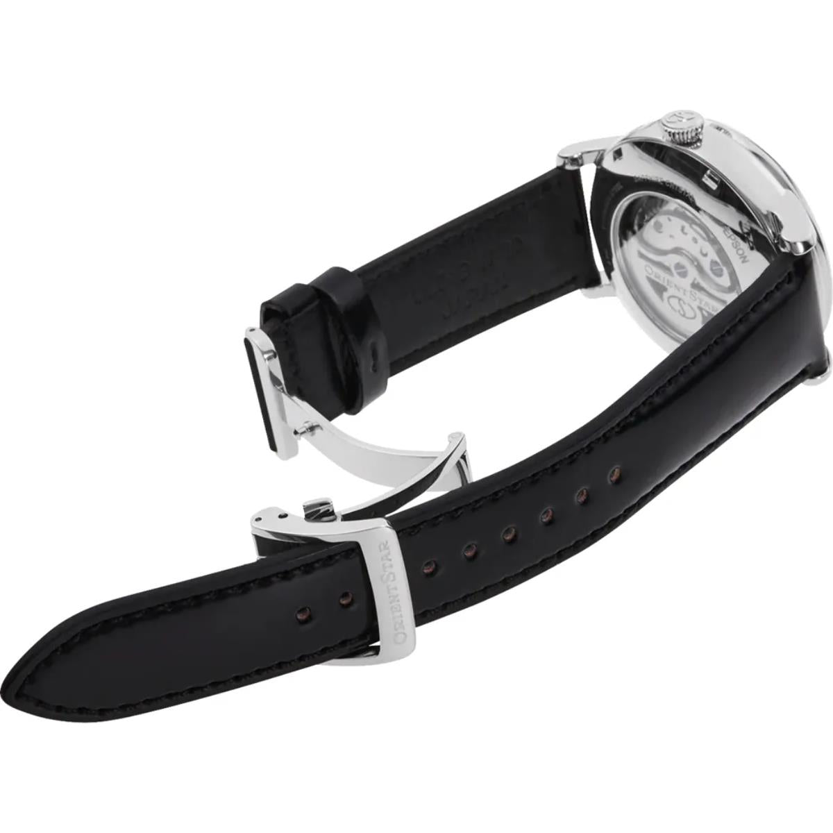 Orient Star automatic watch side view with black leather strap and silver case buckle