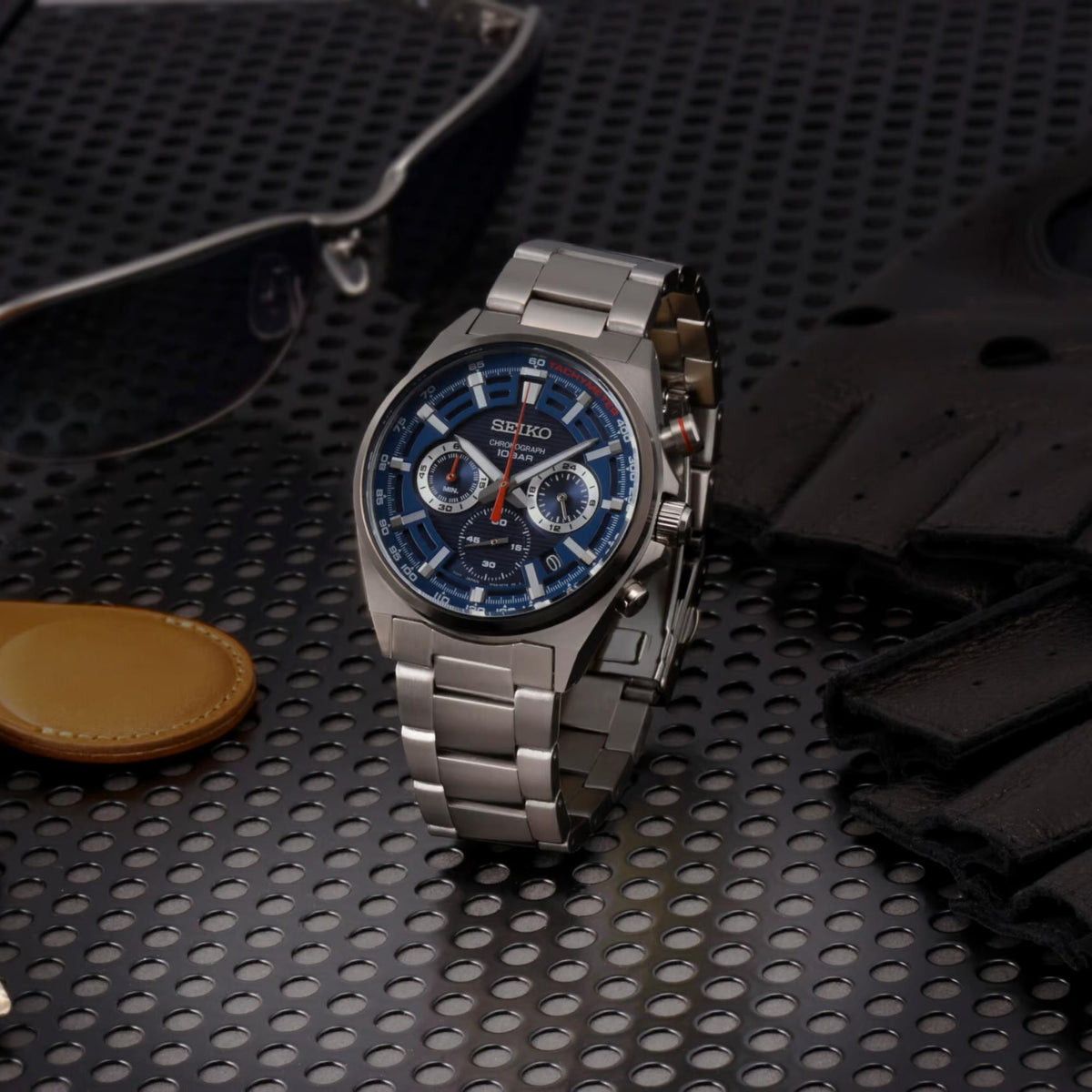 Seiko 41mm Chronograph blue dial tachymeter steel watch SSB407P1