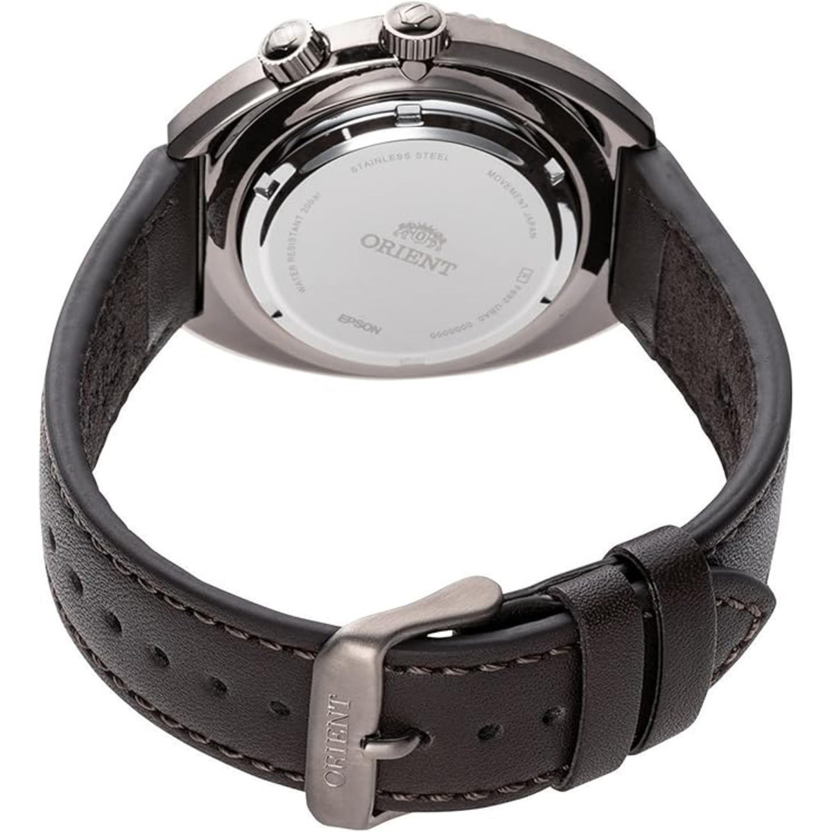 Men's automatic watch with black leather strap and silver caseback, round crown