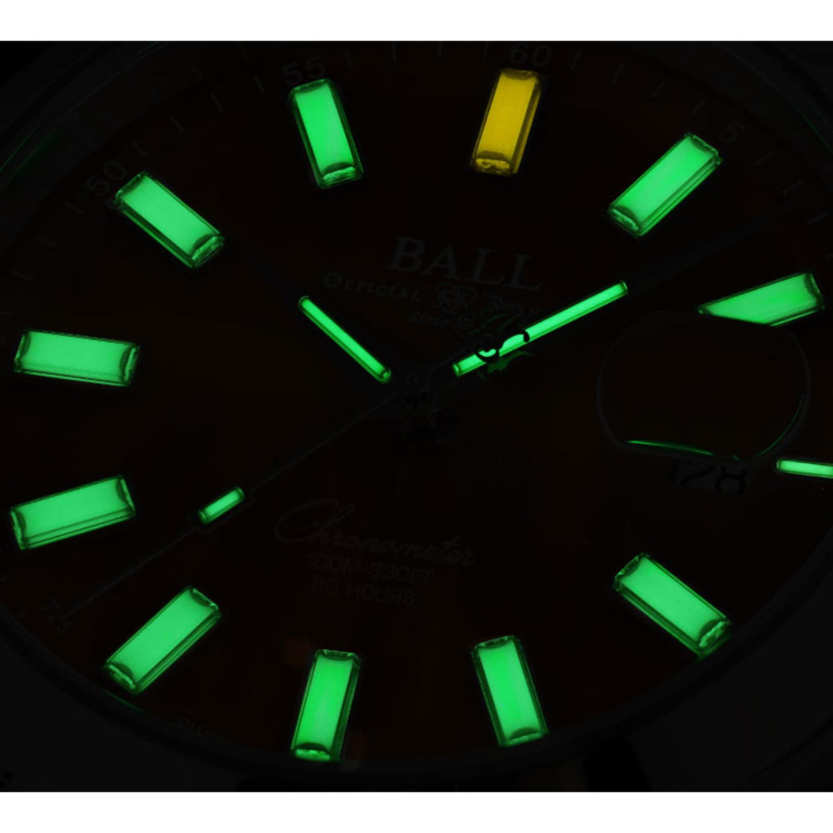 BALL Engineer M NM2128C-S5CJ-MAL luminescent green and yellow hour markers close up
