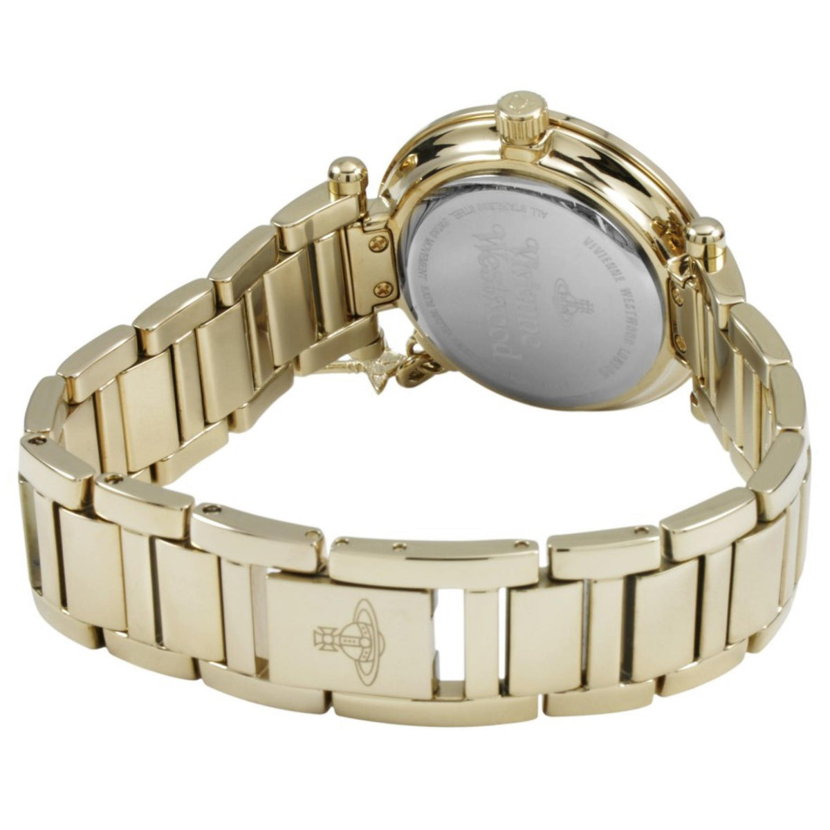 Rear view of Vivienne Westwood Kensington II VV006KGD ladies timepiece displaying engraved case back and branded clasp