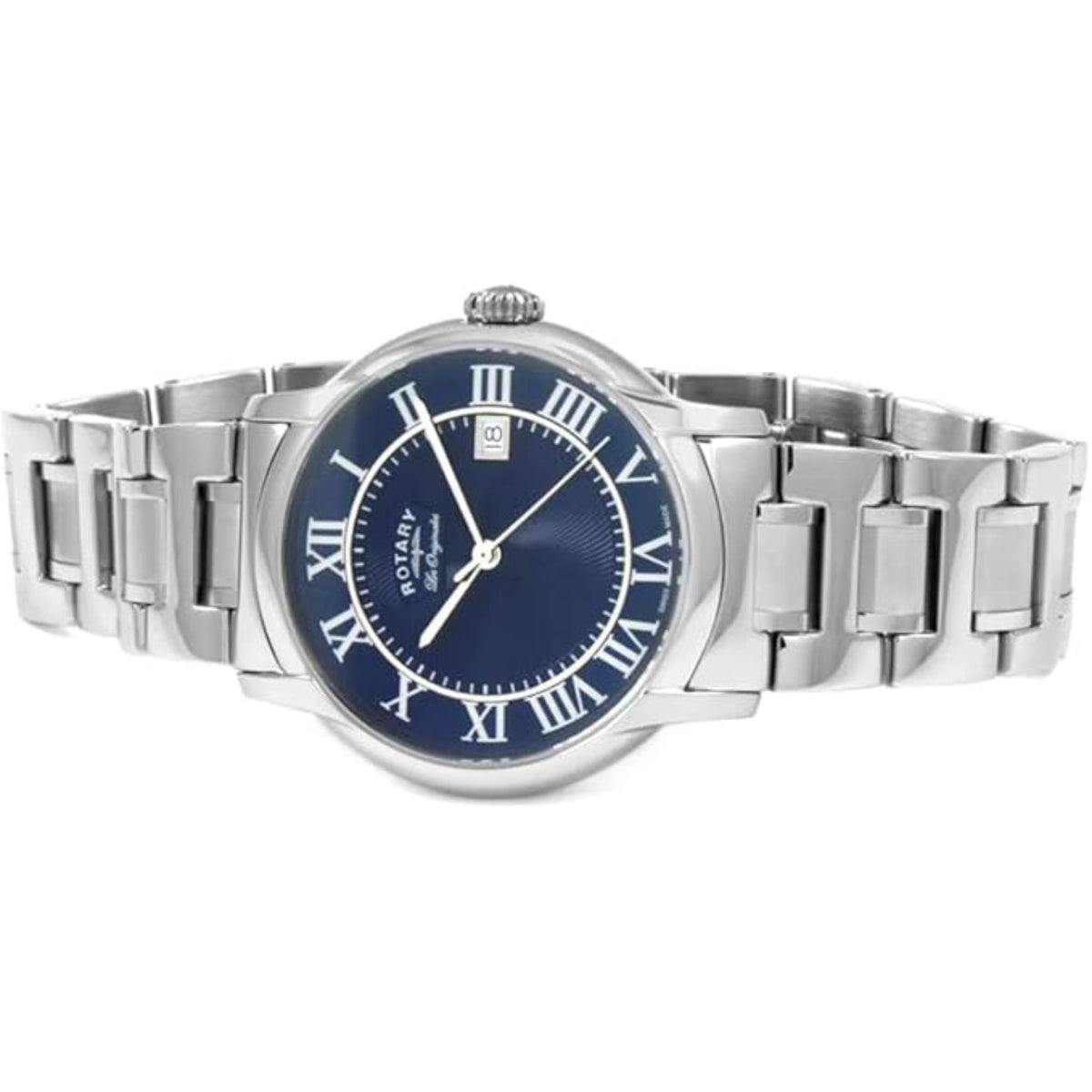 Men's steel watch with blue dial, Roman numerals, and metal bracelet strap
