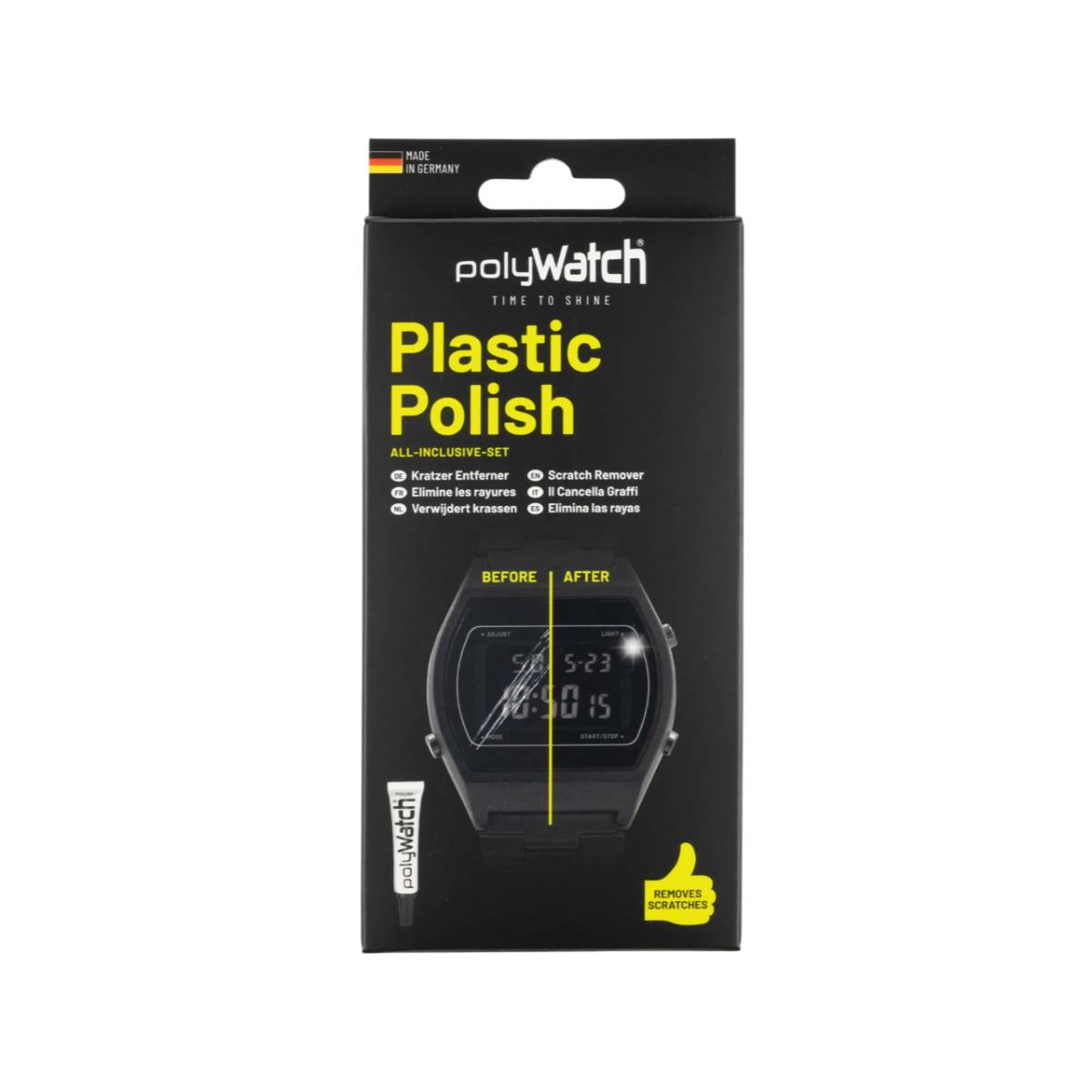 Plastic watch crystal polish retail box with POLYwatch branding