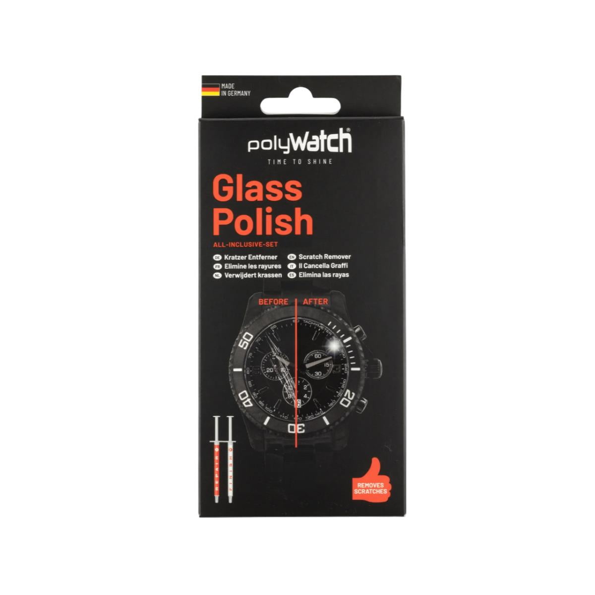 POLYWATCH glass polish scratch remover kit for watch crystals, blister pack with instructions
