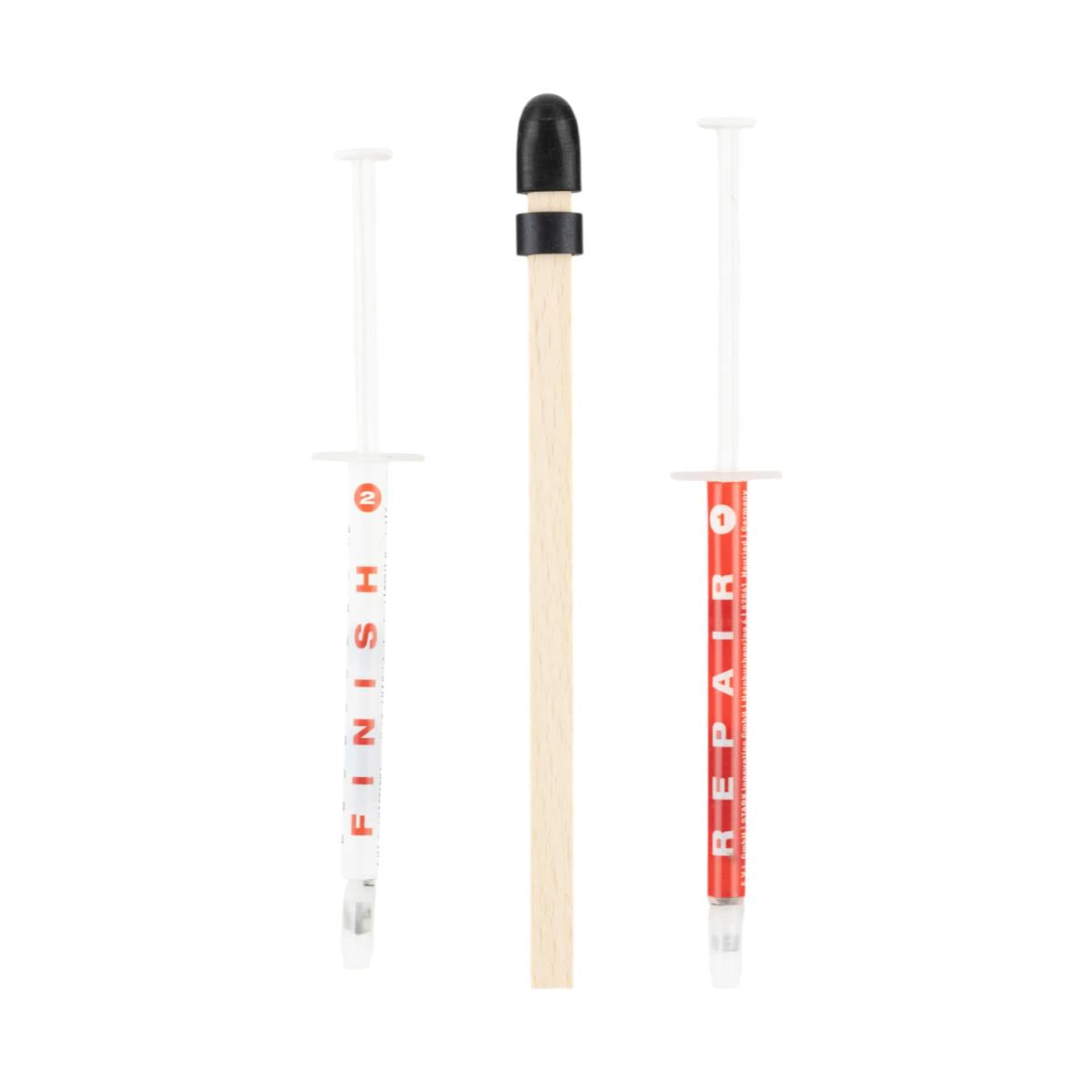 Watch crystal scratch polish applicators: wooden stick with black tip, two gel tubes