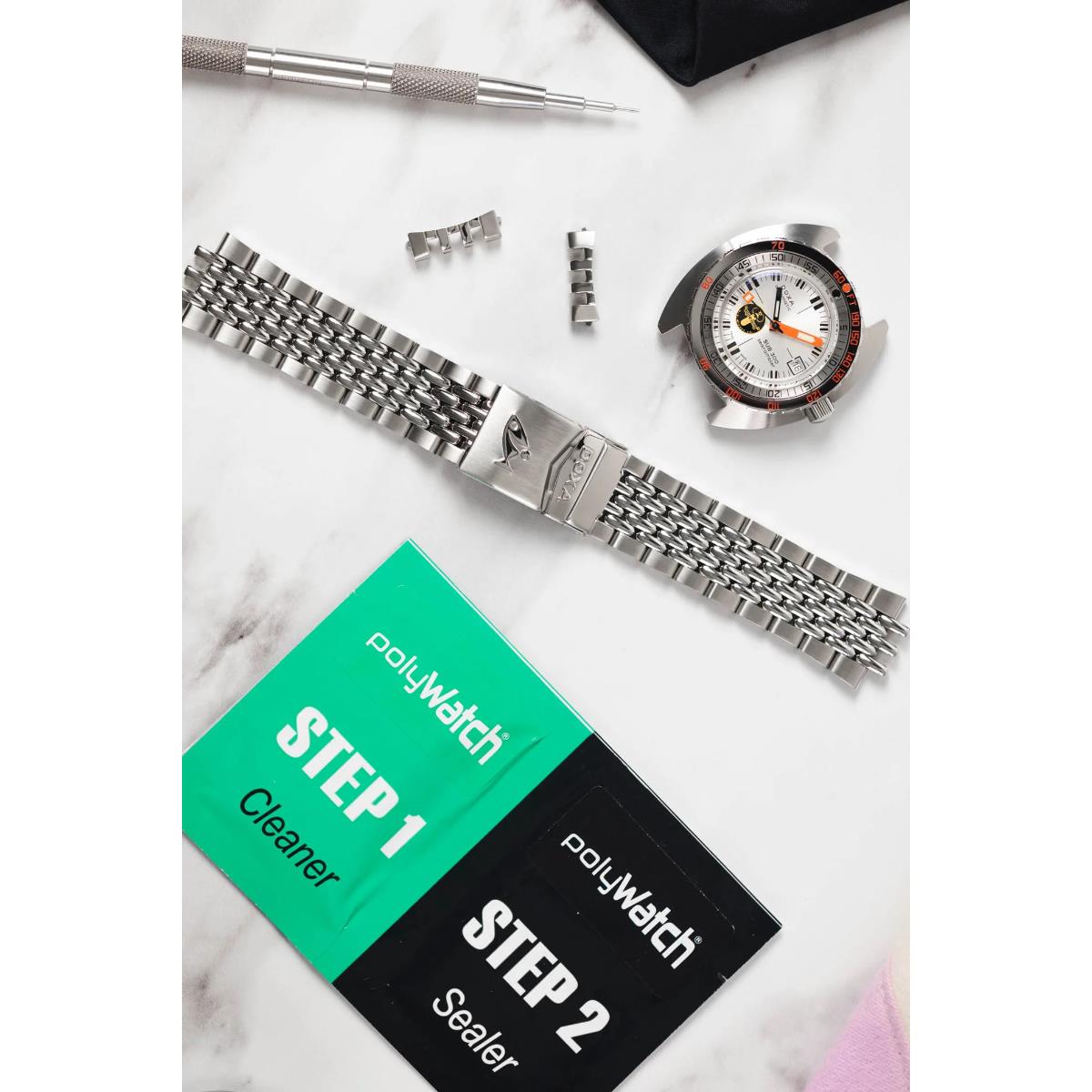 POLYWATCH watch protector kit with metal watch bracelet and Step 1/Step 2 packets