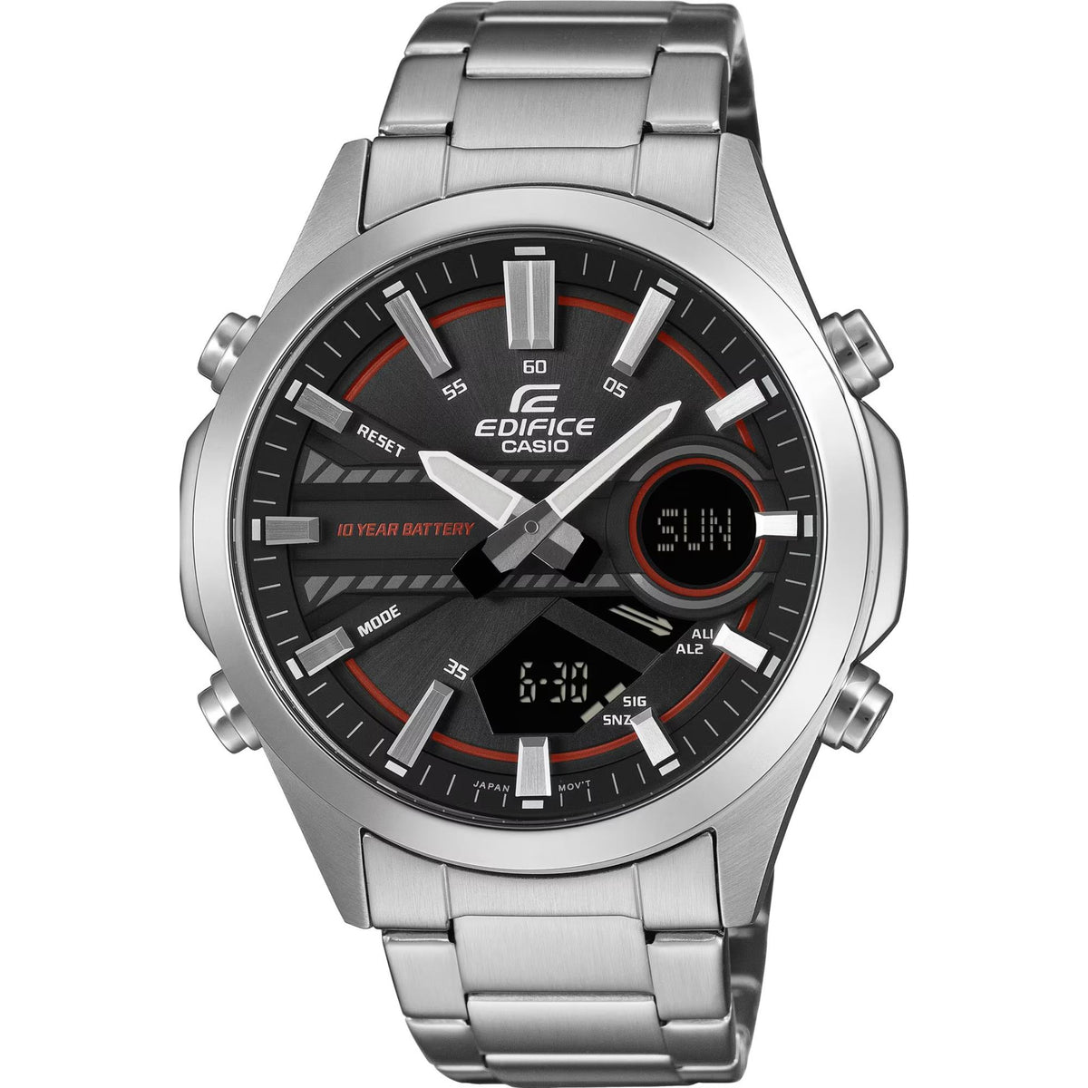 Front view of Casio Edifice ana-digi black dial steel strap mens watch EFV-C120D-1A4EF on white background