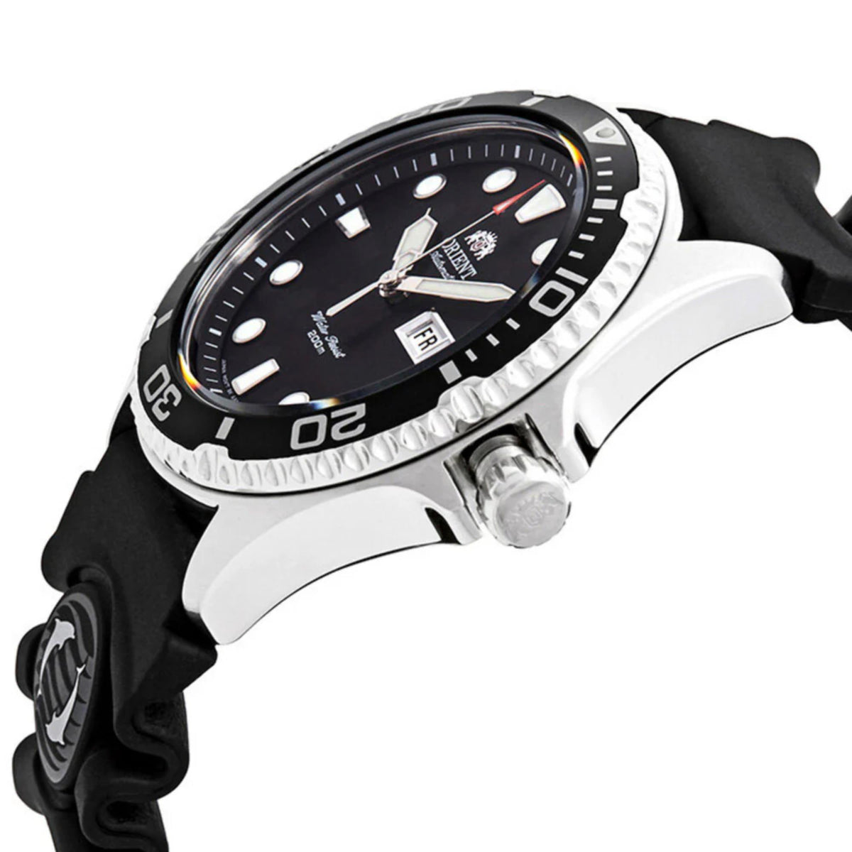 Orient Ray men’s automatic dive-style watch with black bezel, silver case, black strap