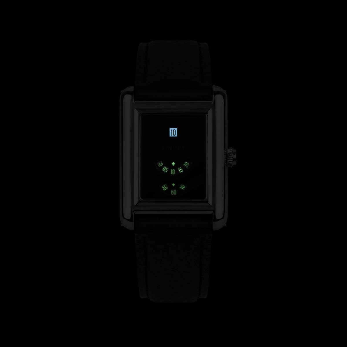 Black dial leather strap rectangular automatic watch, silver-tone case and markers