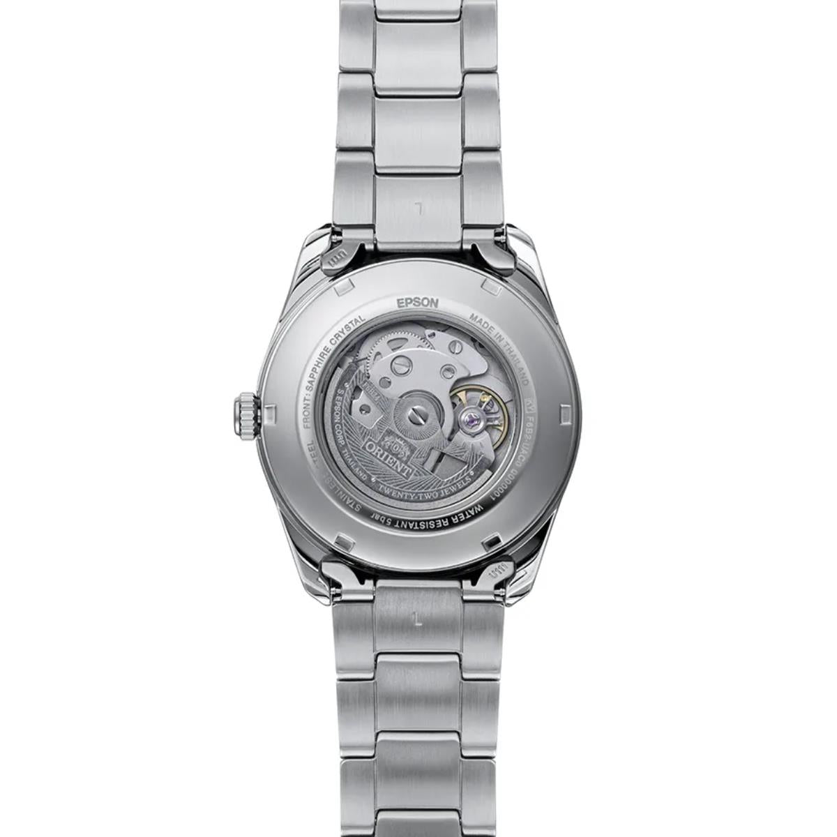 Rear view of Orient Stretto Sun & Moon RA-AK0314E30B mens automatic timepiece displaying stainless steel case back and bracelet
