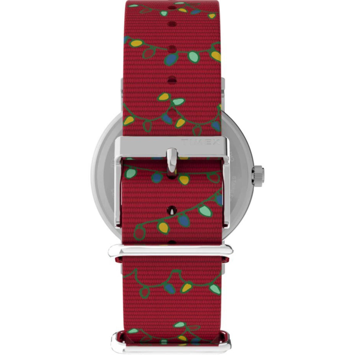 Timex 38mm quartz wristwatch, side view with red patterned fabric strap and crown