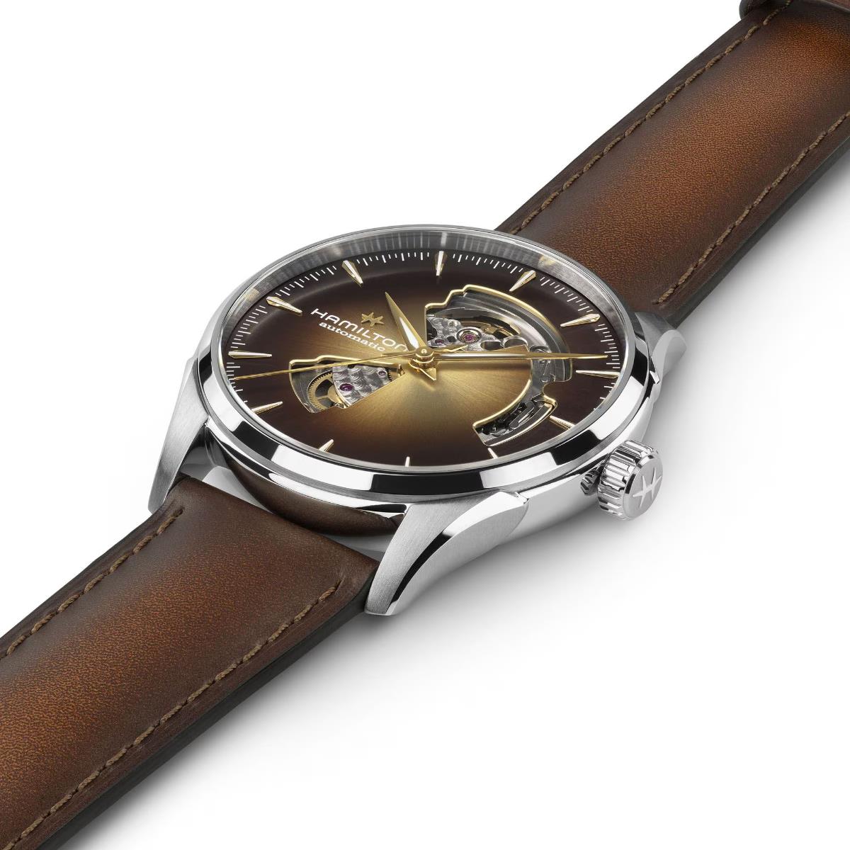 Hamilton Jazzmaster H32705501 automatic watch angled profile displaying brown dial texture, winding crown, and stitched leather strap