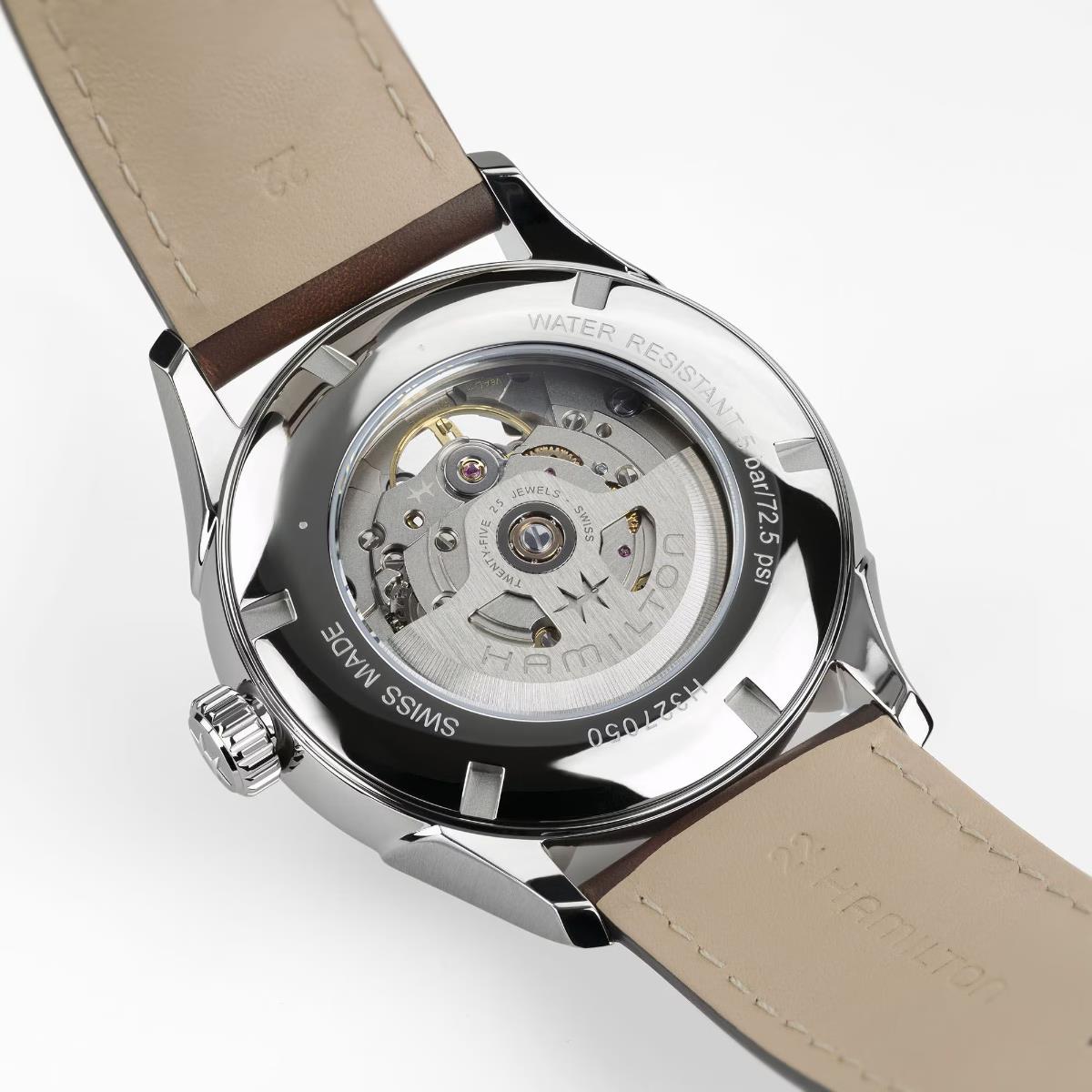 Hamilton Jazzmaster H32705501 watch close-up back view showing exhibition case back and internal automatic calibre