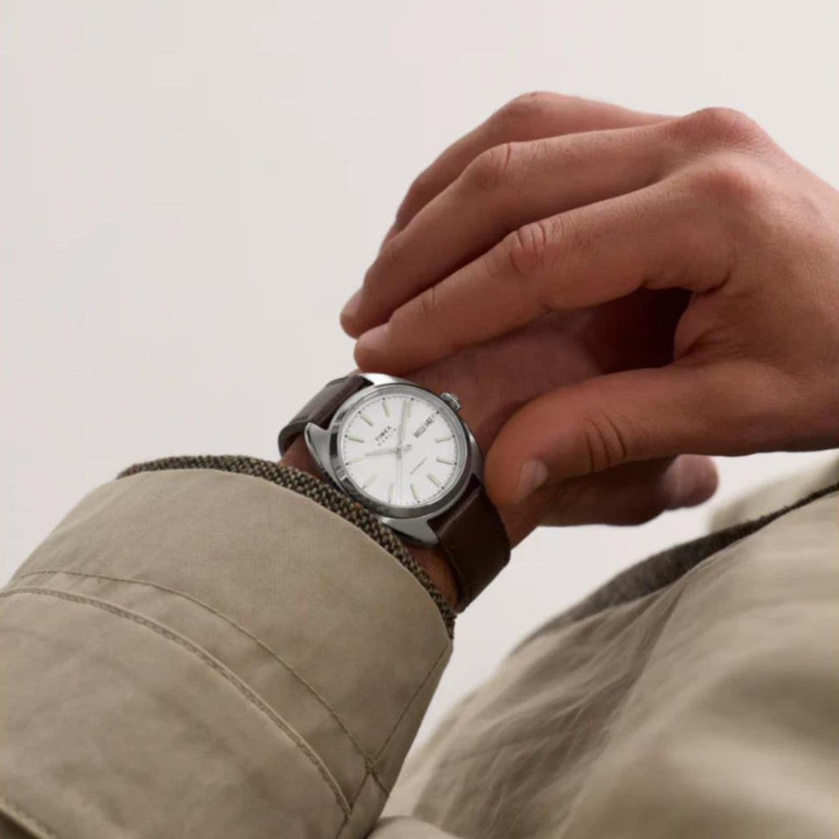 Timex Marlin TW2Y65200 automatic watch on a persons wrist close up
