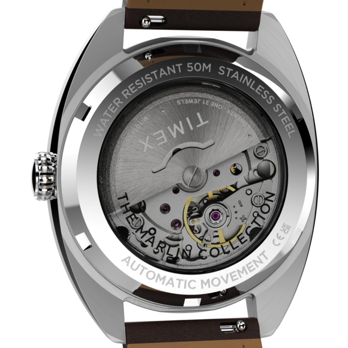 Timex Marlin TW2Y65200 stainless steel case back showing automatic movement