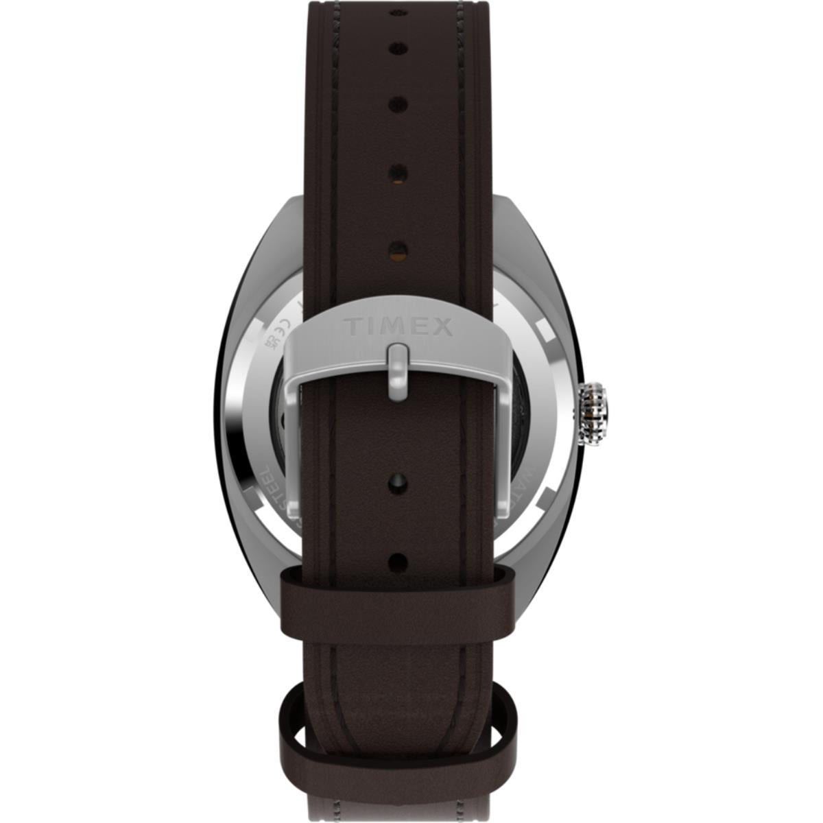 Timex Marlin TW2Y65200 dark brown leather strap and buckle detail