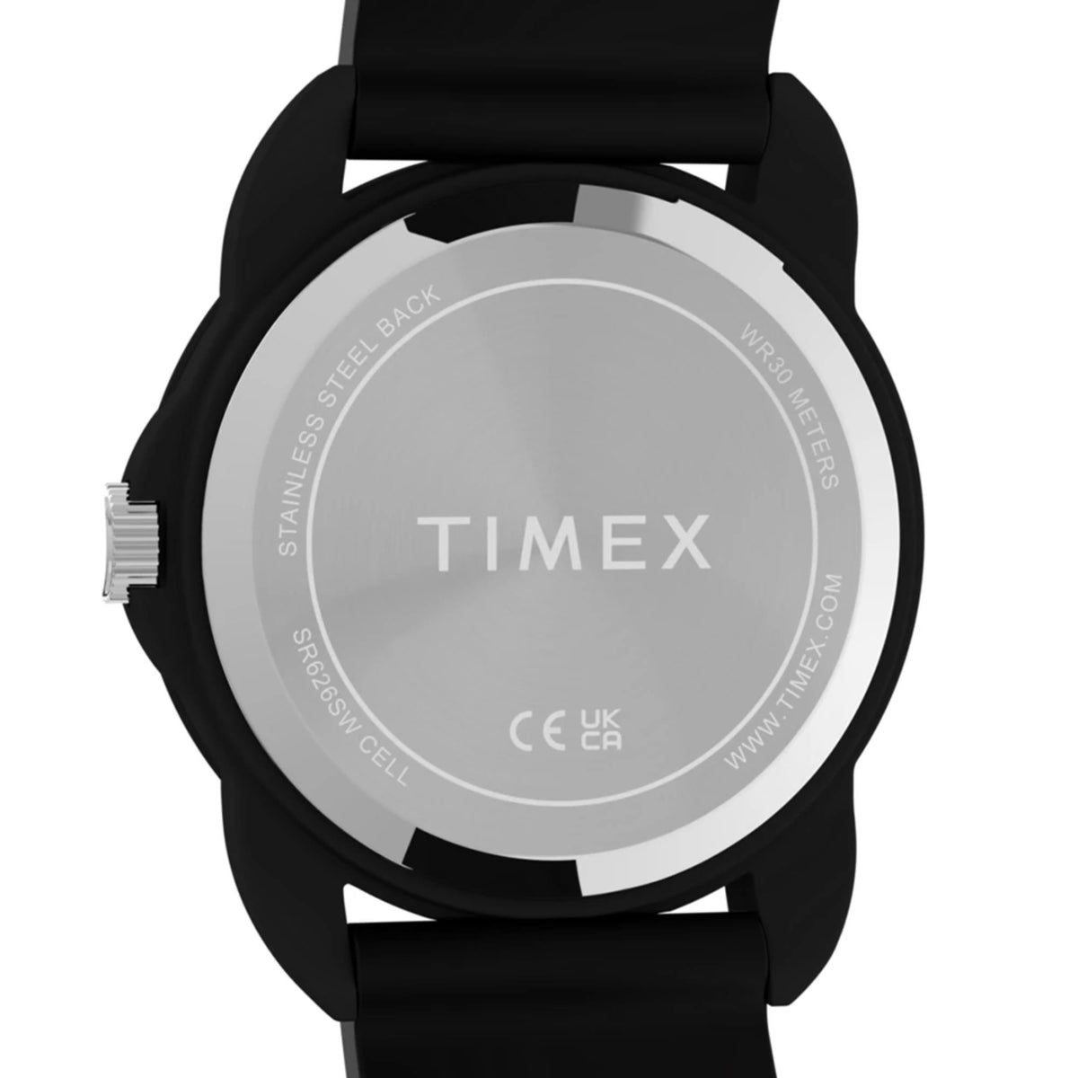 Kids quartz watch case back with TIMEX text and black silicone strap