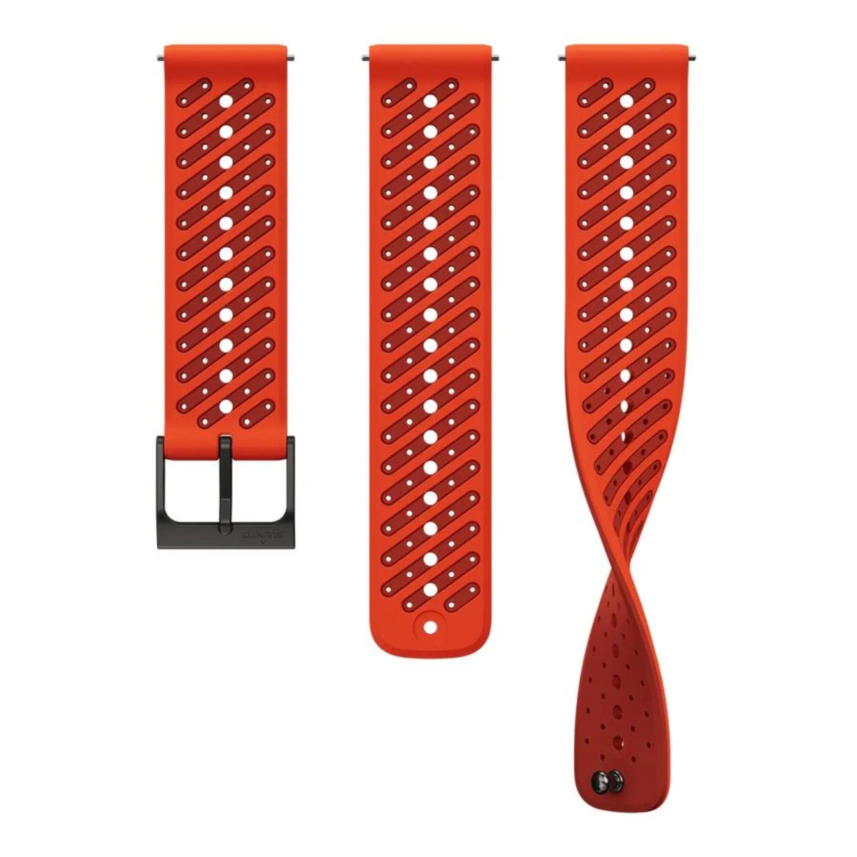 Suunto Athletic 8 SS051243000 coral orange silicone strap front and twisted side view showing perforated design and black buckle