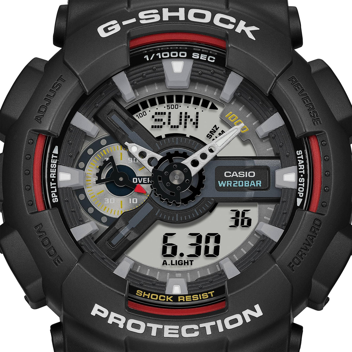 Close-up G-Shock digital-analog watch face with black case, gray dial and red trim