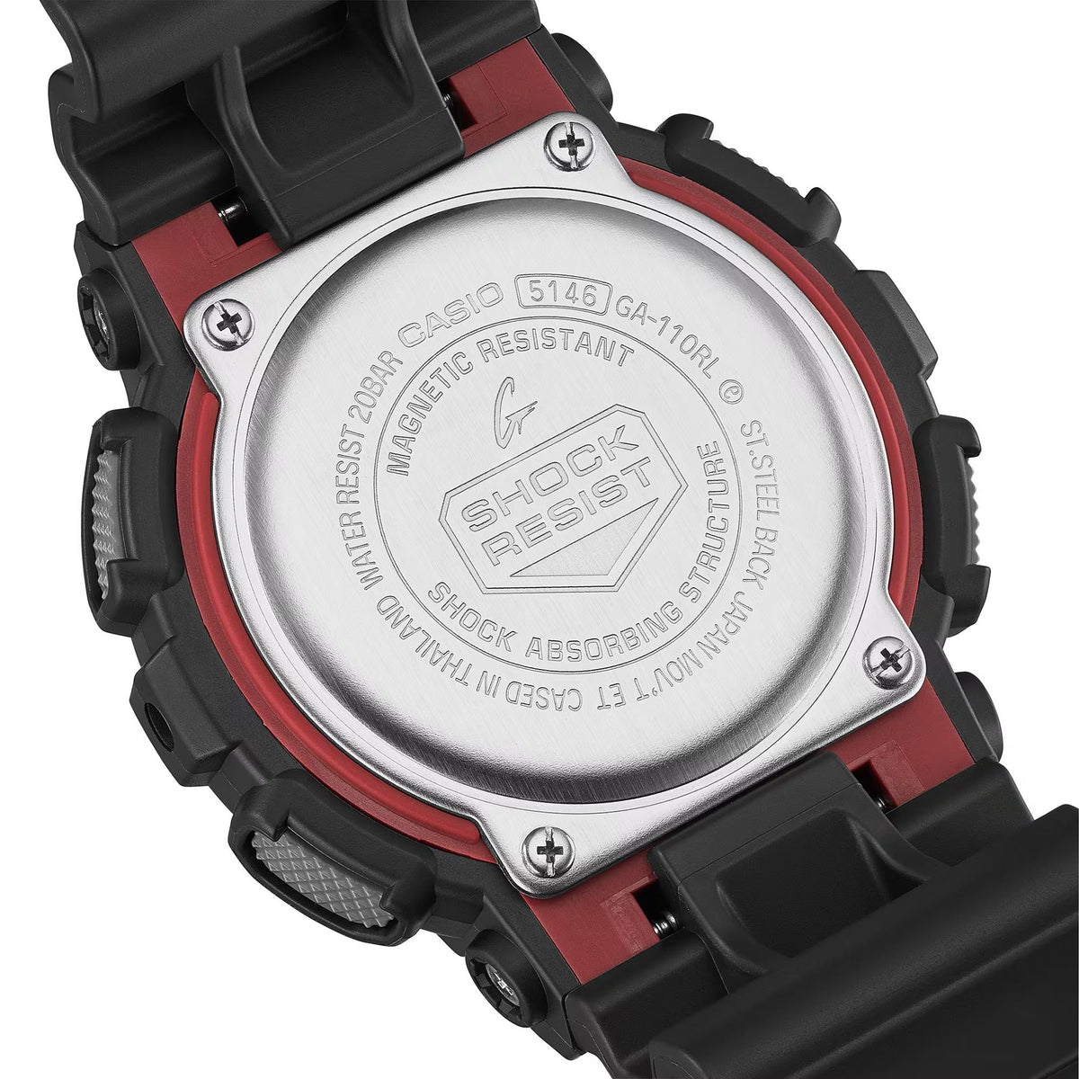 G-Shock watch caseback with silver metal back and red ring on black bezel