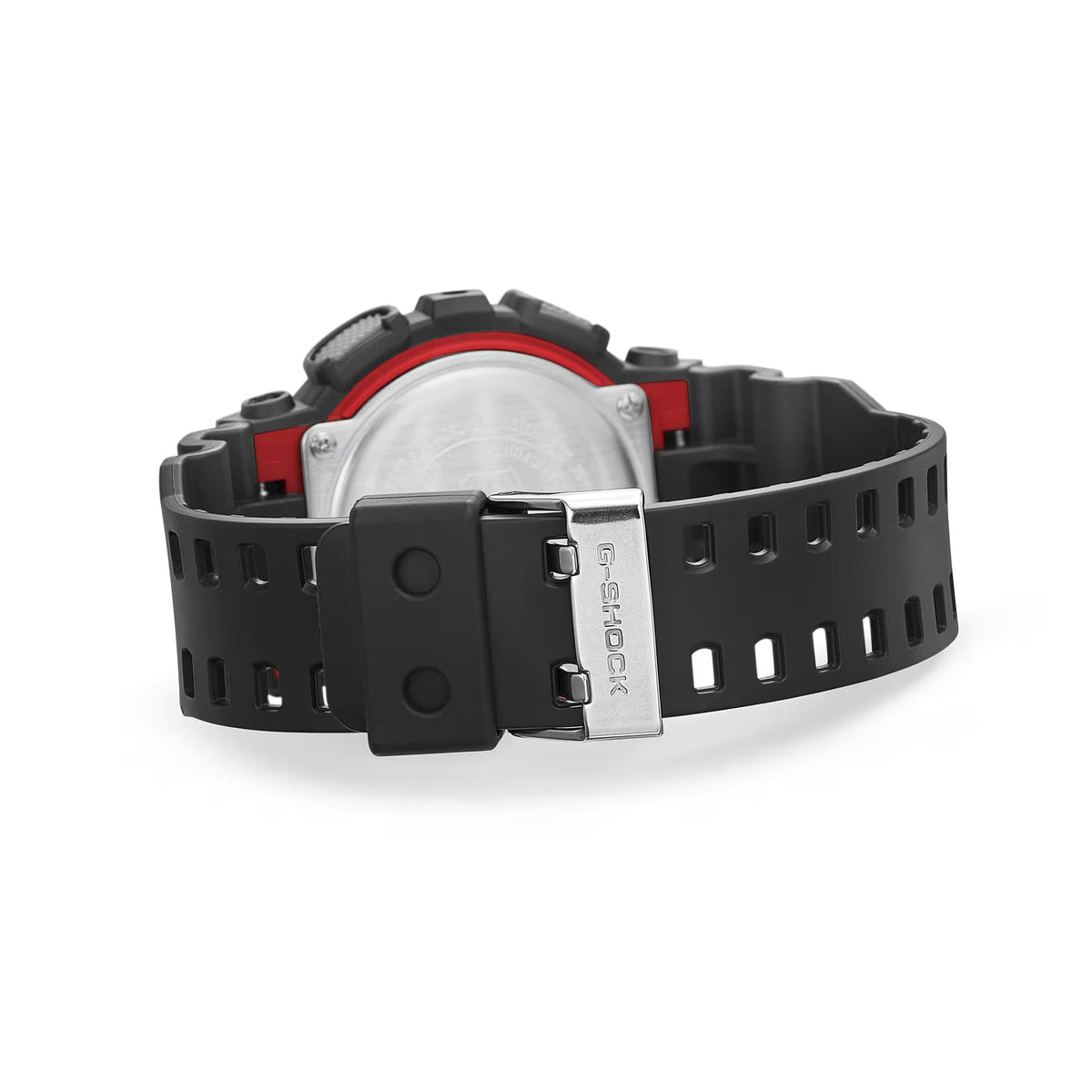 G-Shock watch with black resin strap and silver back, red insert detail