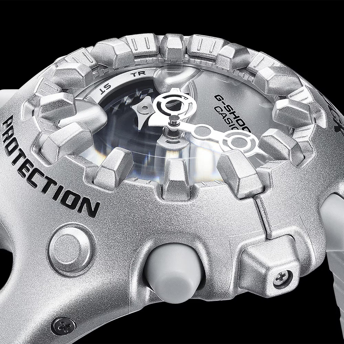 Grey Casio G-Shock GA-V01 watch case back close-up with PROTECTION lettering