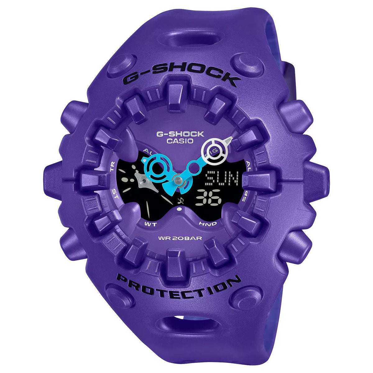 Purple resin G-Shock-style watch with protective bezel and teal-accented dial details
