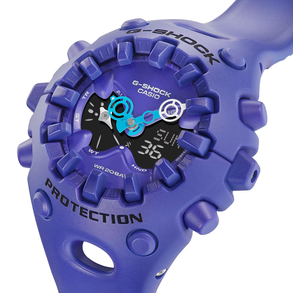 Purple resin watch showing front dial with teal sub-dials and “PROTECTION” branding