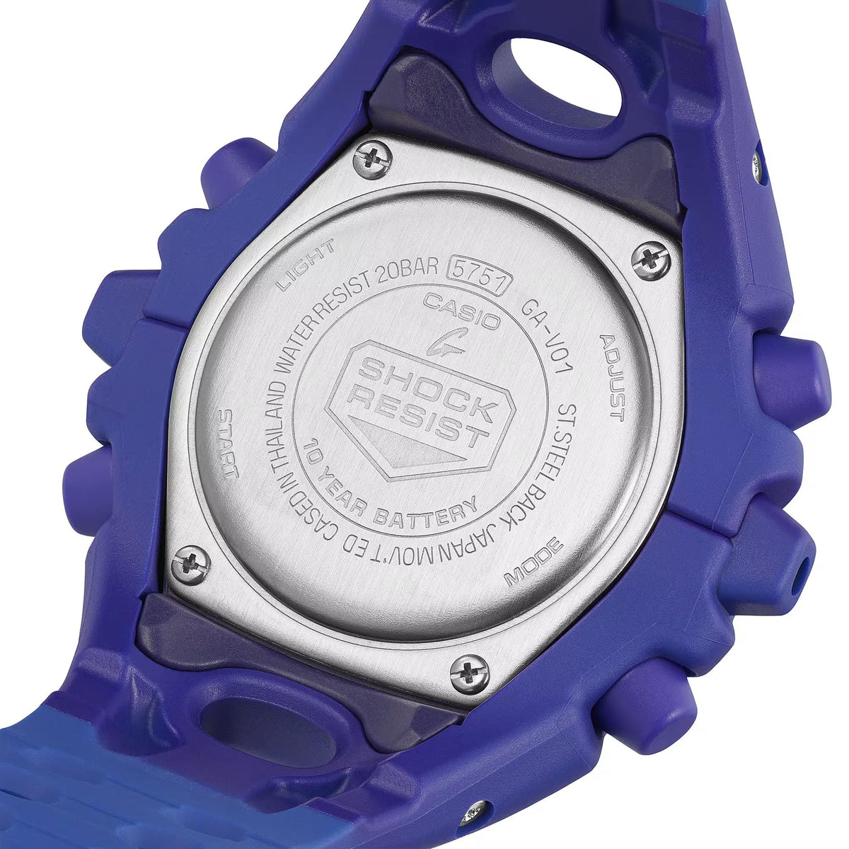 Purple resin watch caseback with steel back and “Shock Resist” and “WR20BAR”