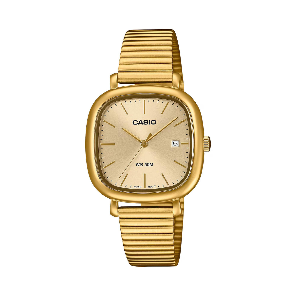 Casio Timeless LTP-B166G-9AVEF front view showing a gold dial and stainless steel strap