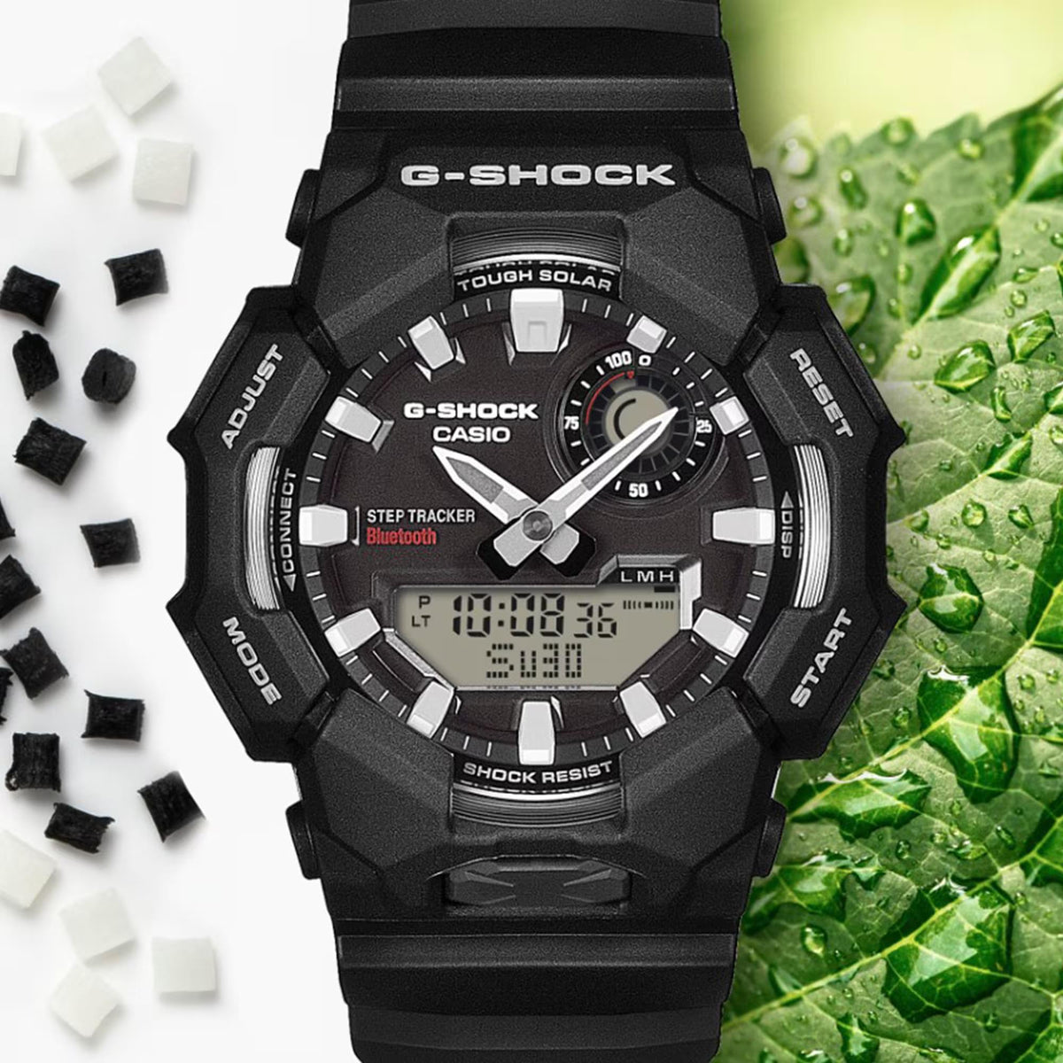 Casio G-Shock GA-B010-1AER digi-analogue dial and step tracker close up
