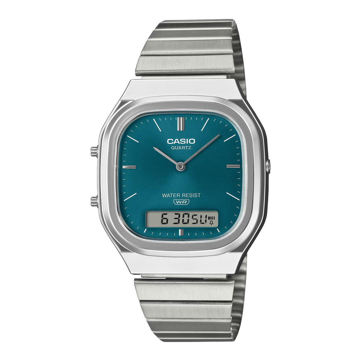 Casio steel strap watch with teal square dial, analog hands, and digital time display