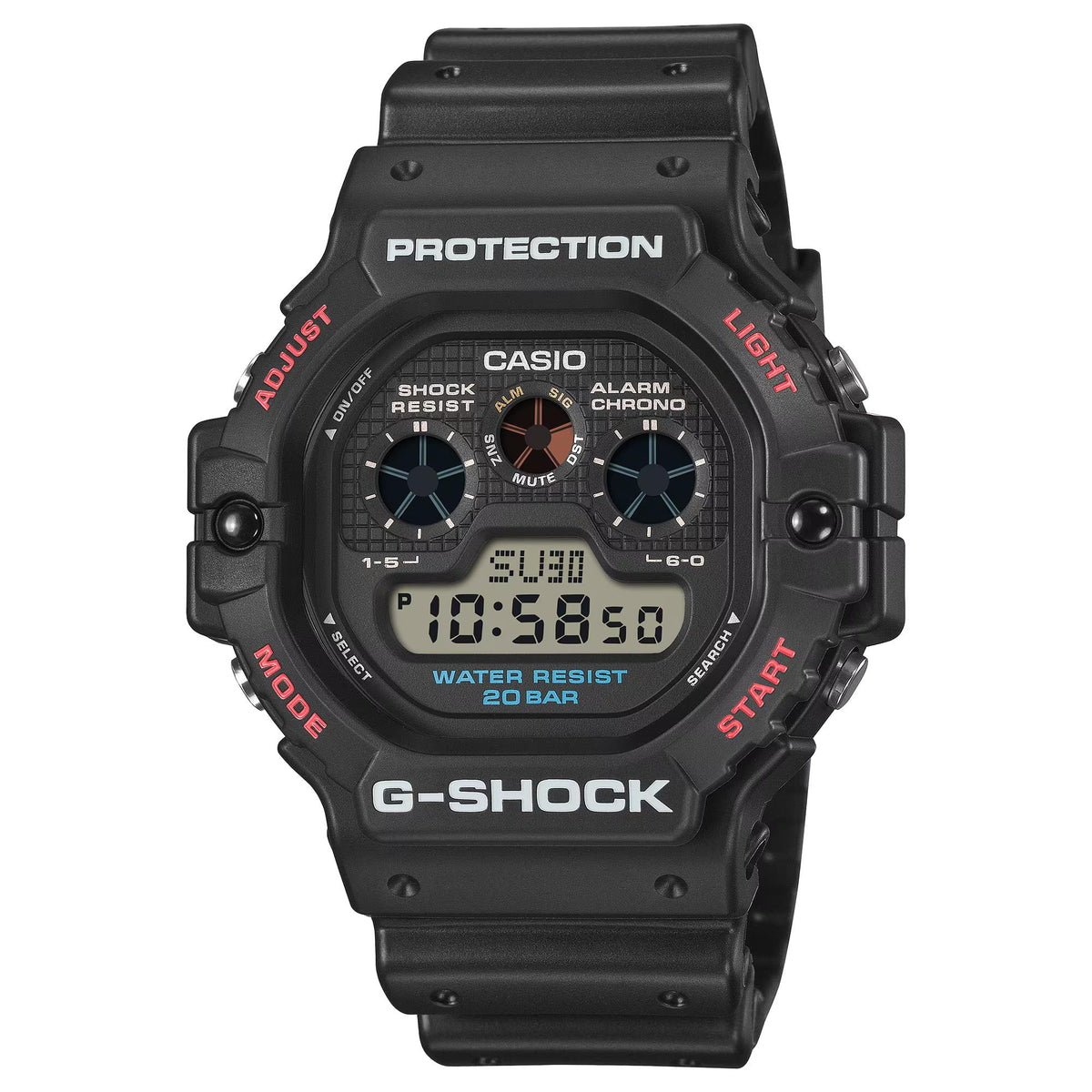 Men's black digital resin G-Shock watch, LCD display, round bezel, 20 bar water resist