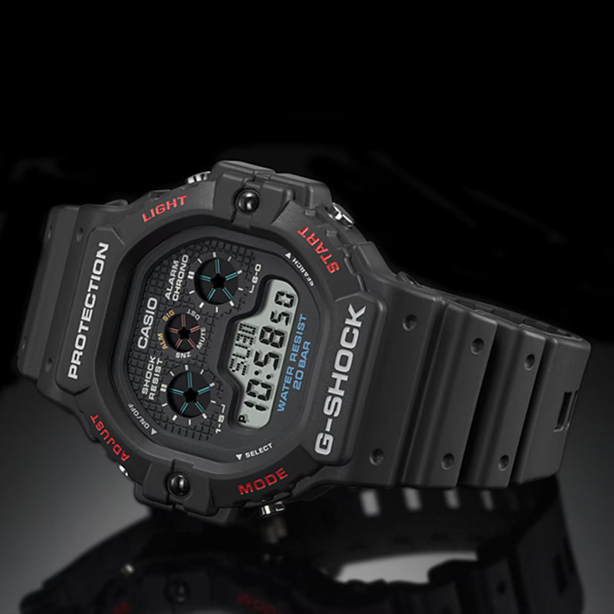 Men's black digital G-Shock watch with resin strap, rugged side profile, 20 bar water resist