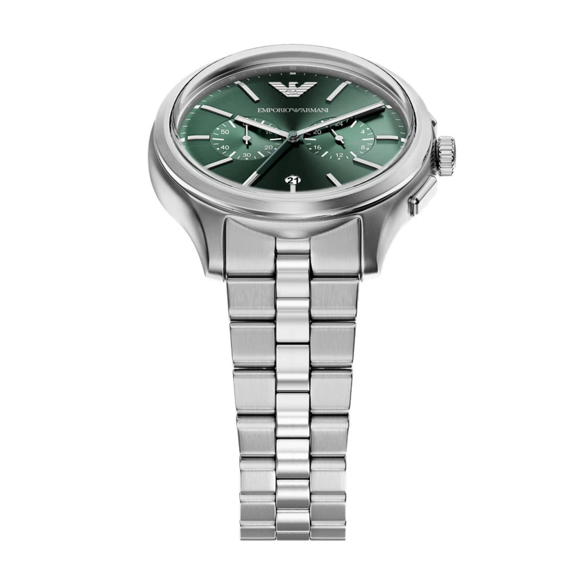 Emporio Armani Dario AR11746 mineral crystal and green dial angled view