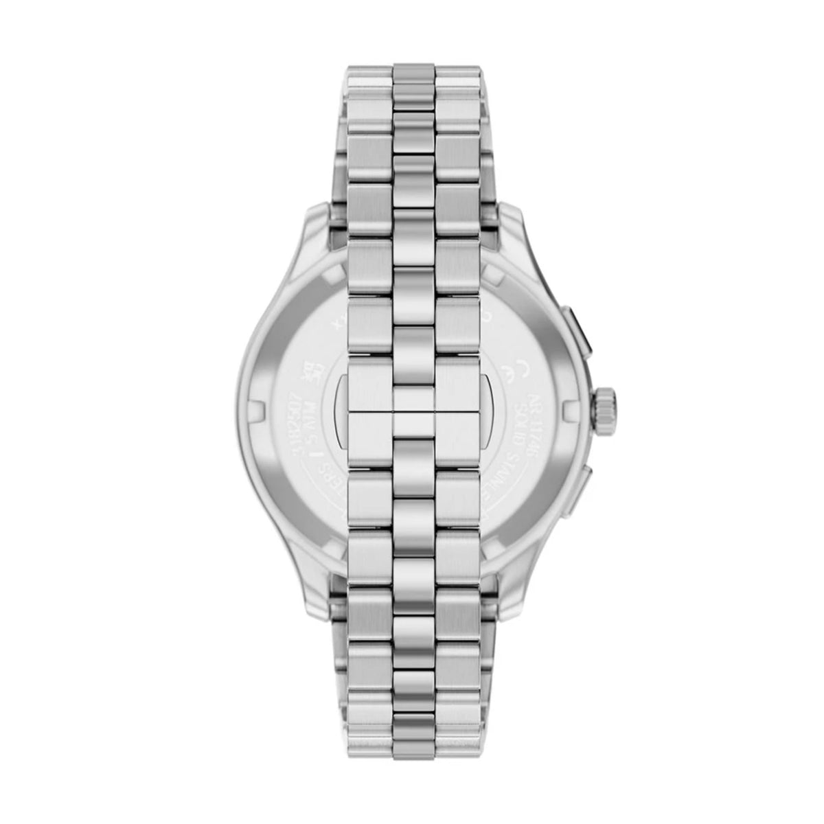 Emporio Armani Dario AR11746 stainless steel case back and three-link bracelet rear view