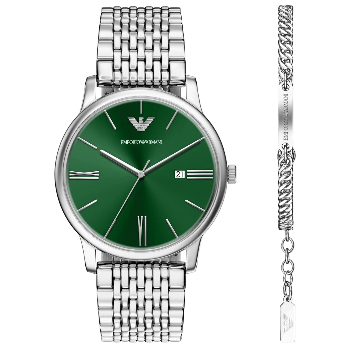 Emporio Armani Minimalist mens quartz watch AR80087SET front view with silver-tone multi-link bracelet and matching steel chain bracelet