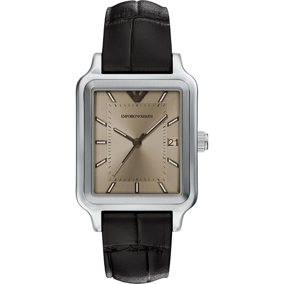 Emporio Armani Diego AR11756 front view showing beige dial with rectangular steel case, date window, and leather strap