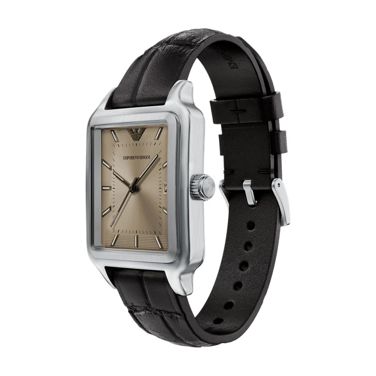 Emporio Armani Diego AR11756 three-quarter side view featuring rectangular case, pin buckle, and textured leather strap