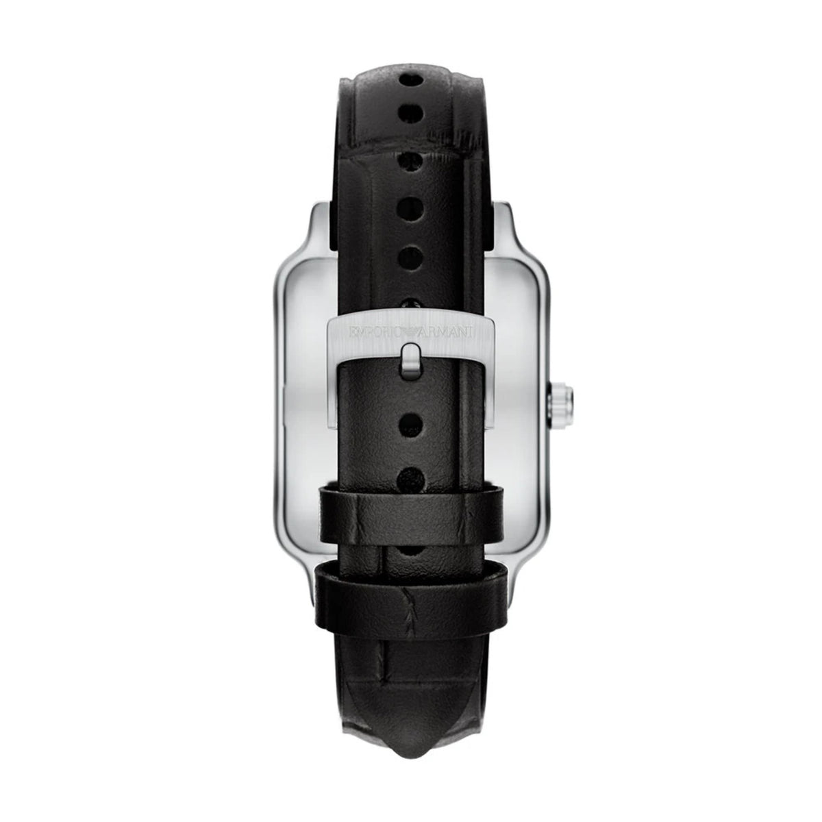 Emporio Armani Diego AR11756 rear view of leather strap and branded silver buckle closure