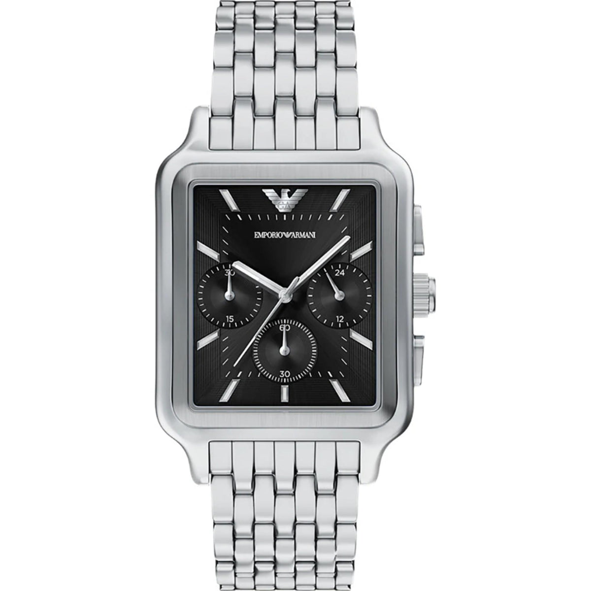 Front view of the Emporio Armani AR11751 watch with its rectangular black dial and steel bracelet