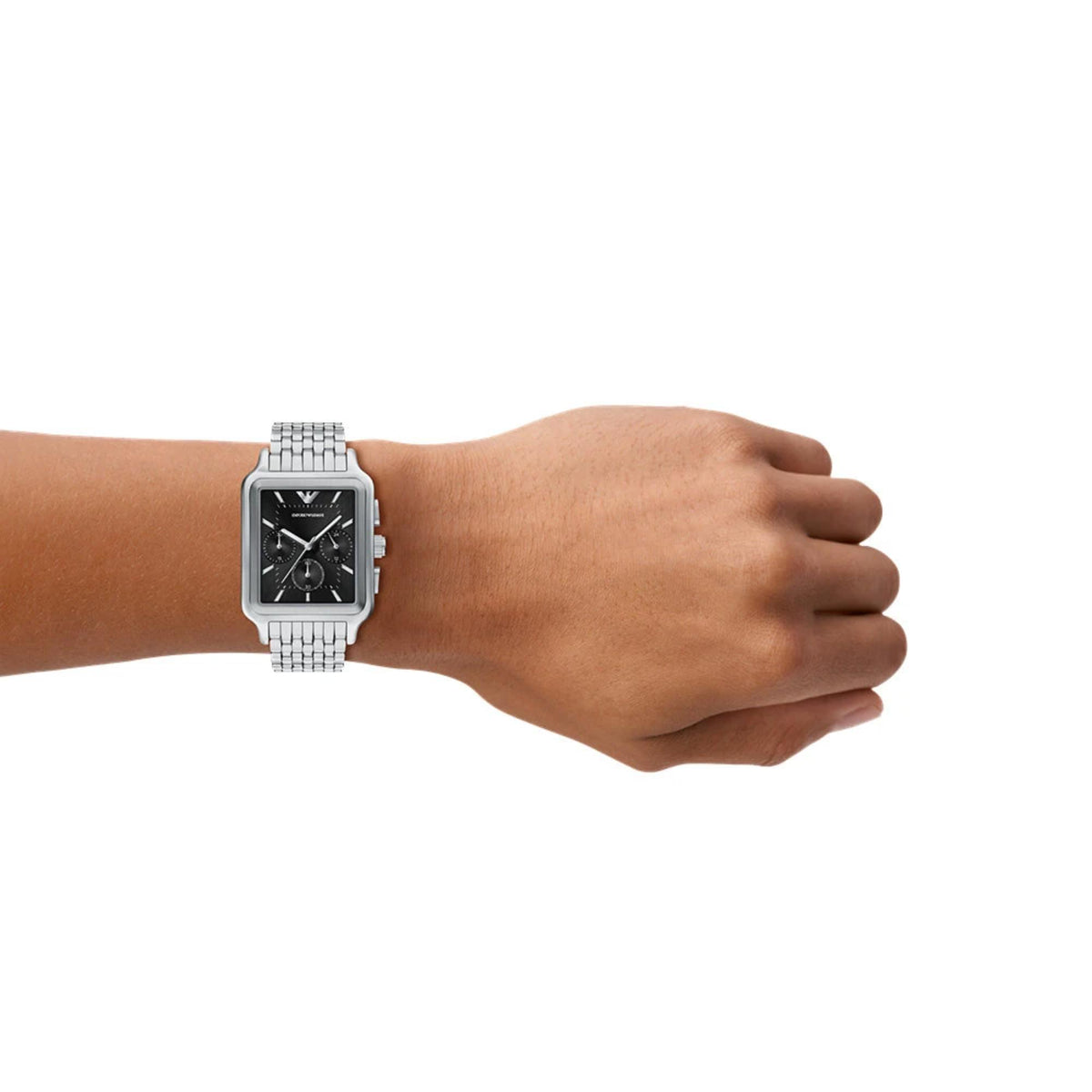 Emporio Armani AR11751 watch with its rectangular black dial and steel bracelet on wrist