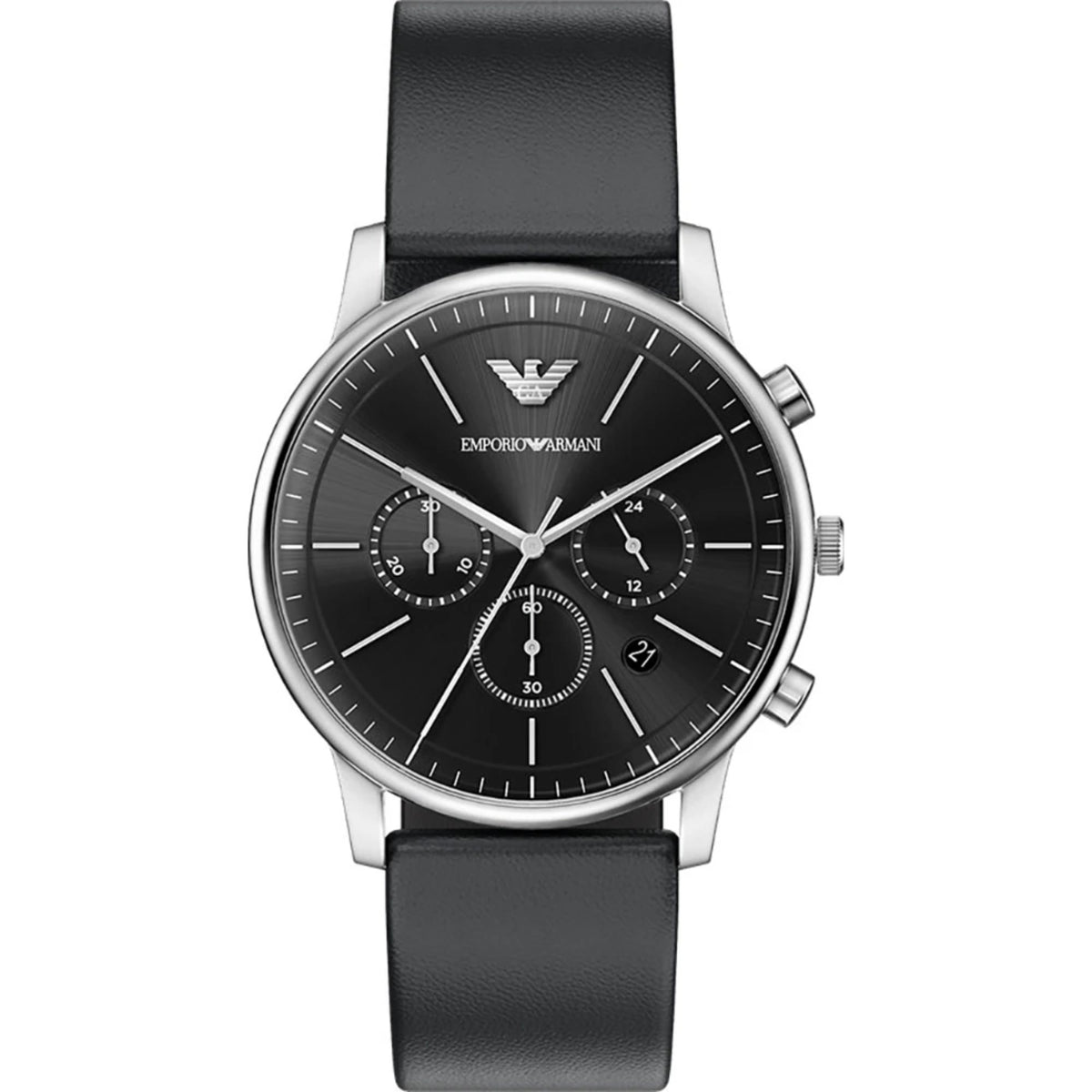 Front view of the Emporio Armani Minimalist AR11774 watch showcasing its round black chronograph dial, silver stainless steel case, and smooth black leather strap
