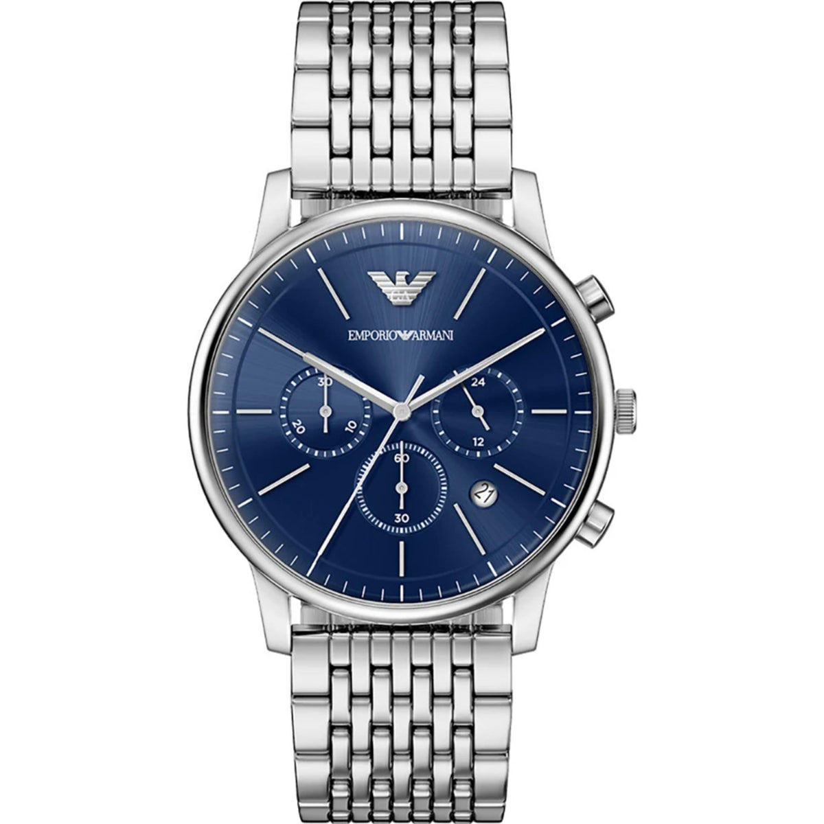 Emporio Armani Minimalist AR11771 front view showing blue dial with steel bracelet and chronograph sub-dials
