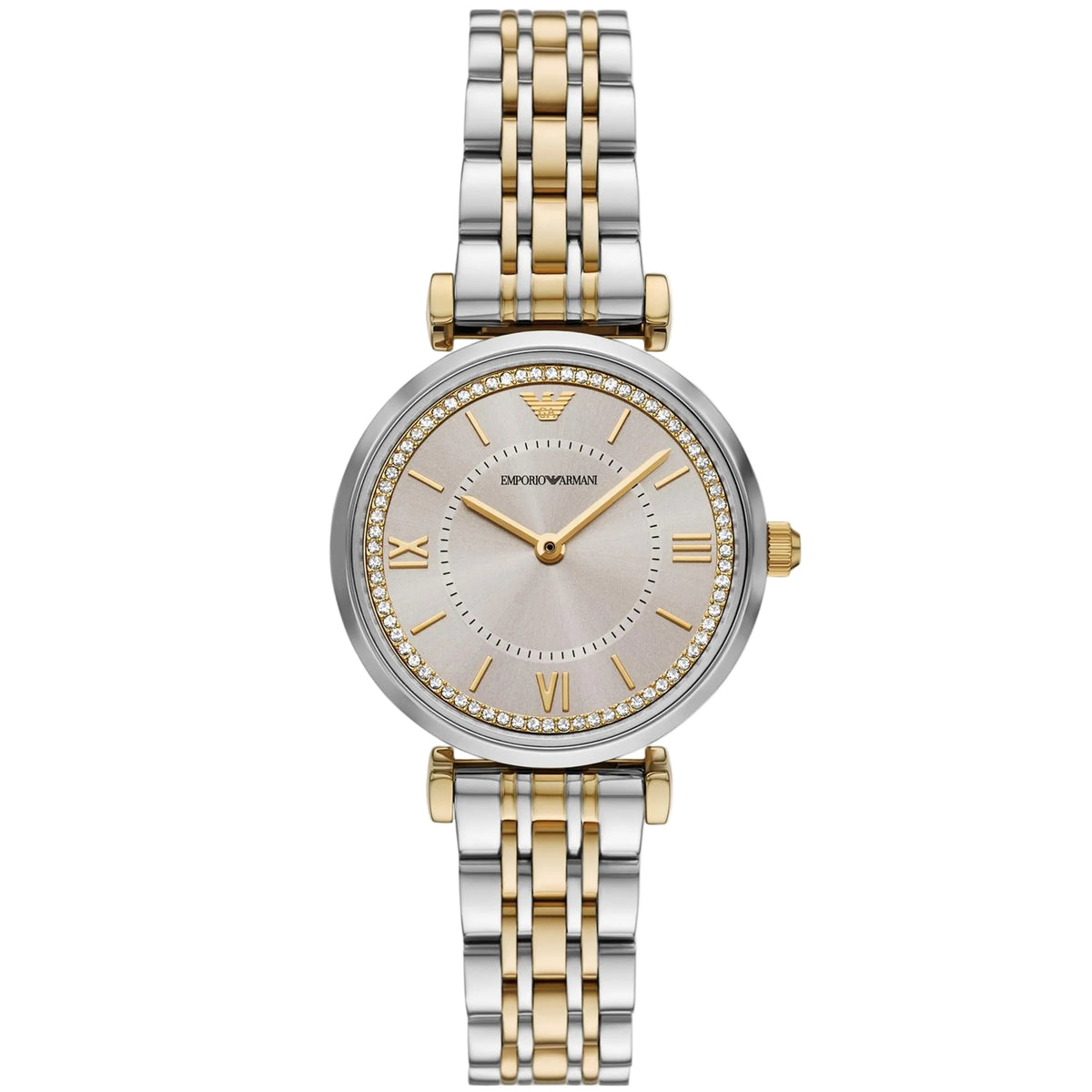 Front view of Emporio Armani Gianni AR11702 watch showcasing its champagne dial with a crystal-embellished bezel, silver stainless steel case, and two-tone silver and gold link bracelet