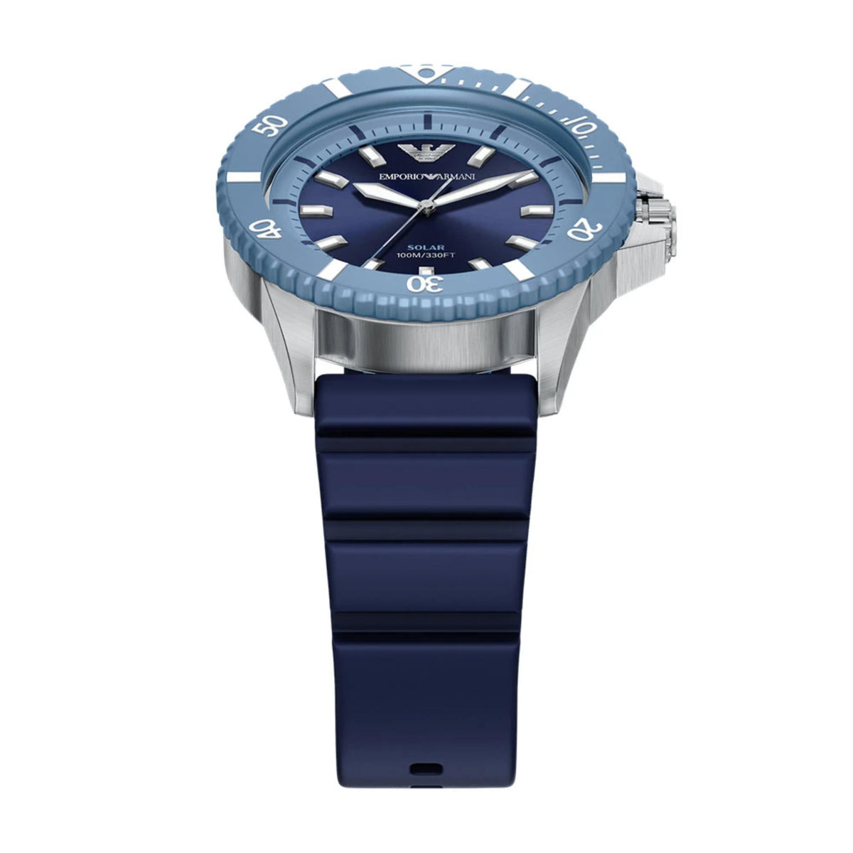 Emporio Armani World Explorer AR11785 stainless steel case and light blue rotating bezel top angle view
