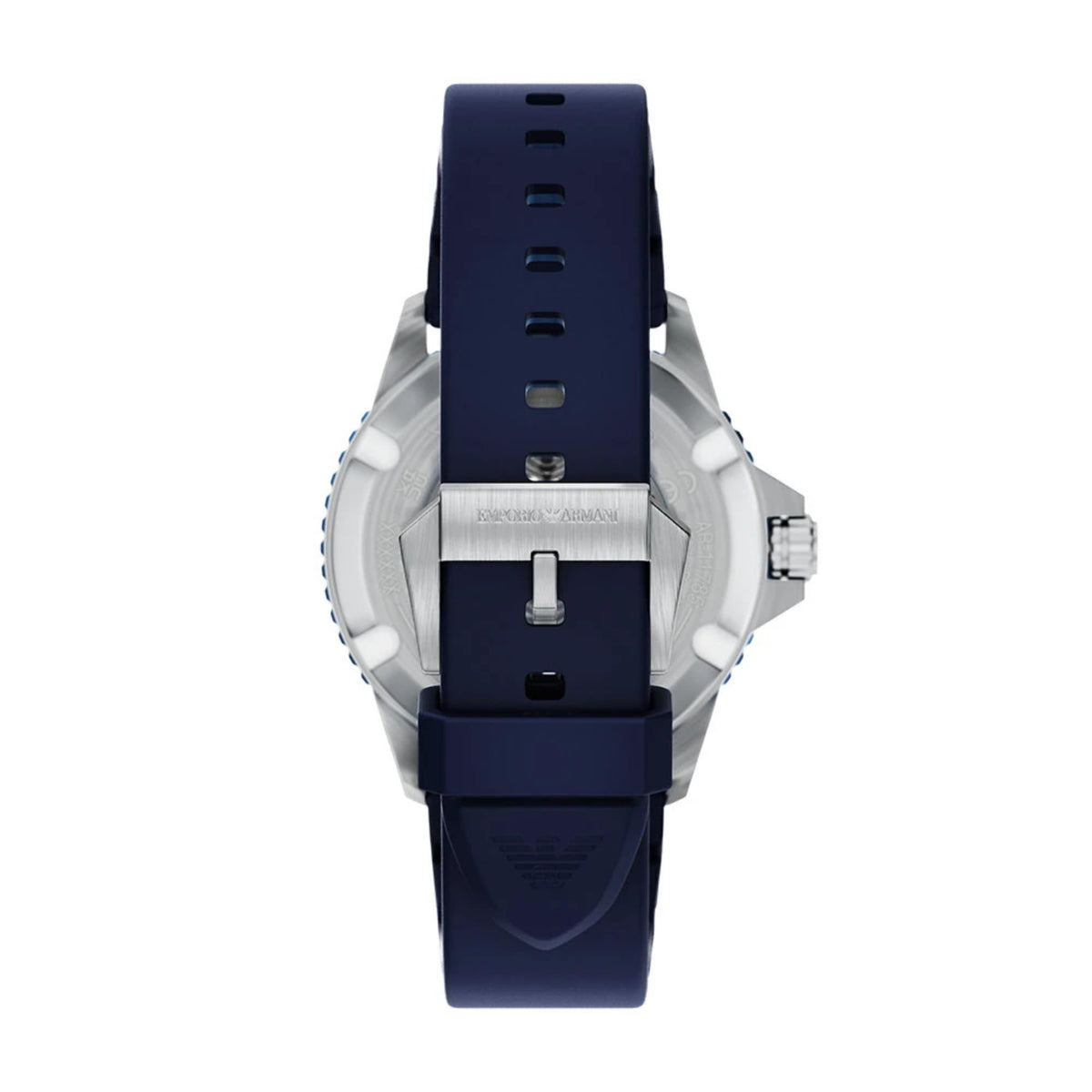 Emporio Armani World Explorer AR11785 dark blue ribbed silicone strap and silver-tone buckle closure view