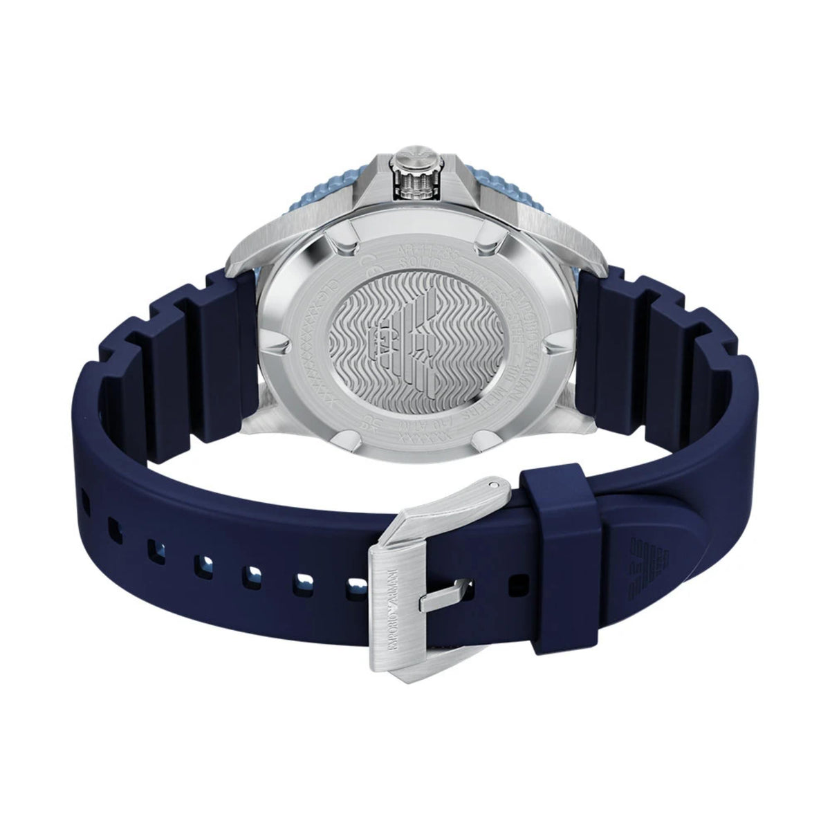 Emporio Armani World Explorer AR11785 stainless steel case back with brand logo detail