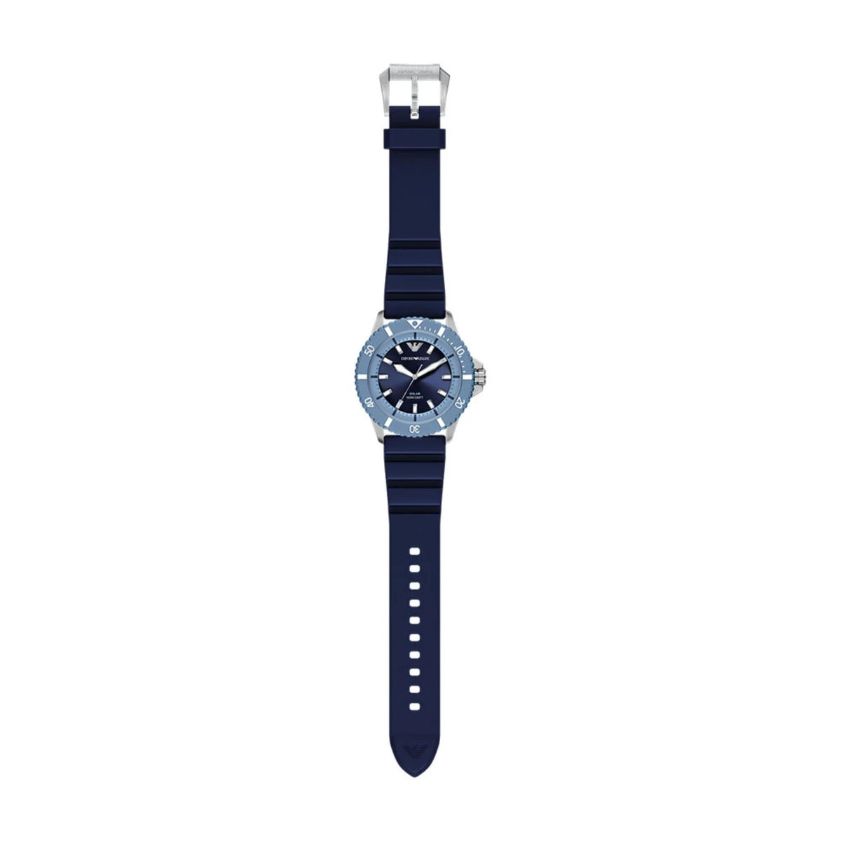 Emporio Armani World Explorer AR11785 flat full-length top-down view showing entire watch layout