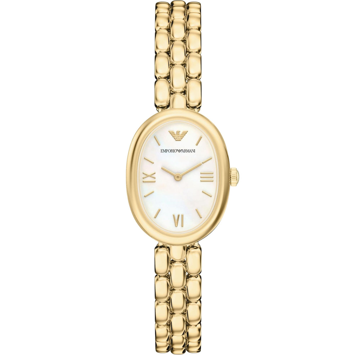 Emporio Armani Sinfonia ladies quartz watch AR11777 front view with gold-tone oval case and multi-link chain bracelet